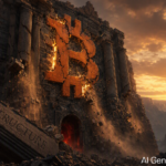Cracked stone Bitcoin emblem glowing on cliff ruins