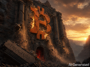 Cracked stone Bitcoin emblem glowing on cliff ruins