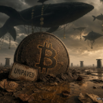 Giant Bitcoin coin in cracked desert beneath flying whales. !AI generated
