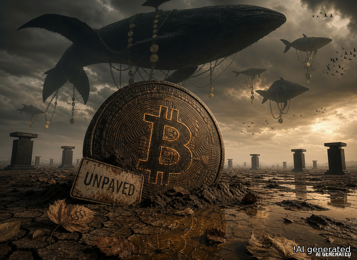 Giant Bitcoin coin in cracked desert beneath flying whales. !AI generated