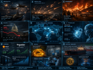 Global news dashboard showing geopolitics, tech and climate