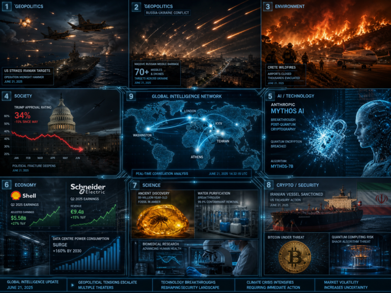 Global news dashboard showing geopolitics, tech and climate
