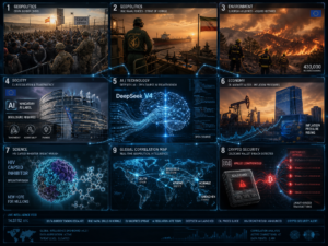 Global news dashboard with geopolitics, AI, economy and science