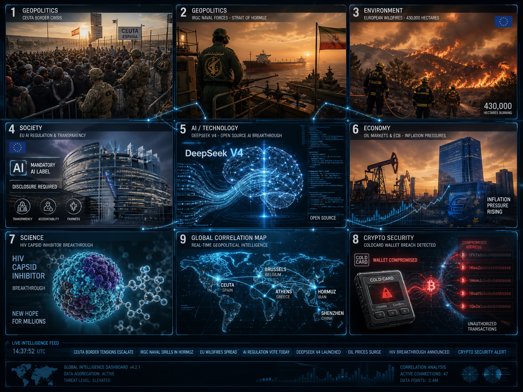 Global news dashboard with geopolitics, AI, economy and science