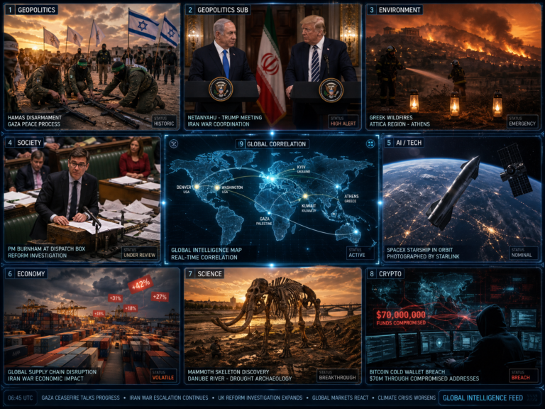 Global news dashboard with geopolitics, environment, tech and economy
