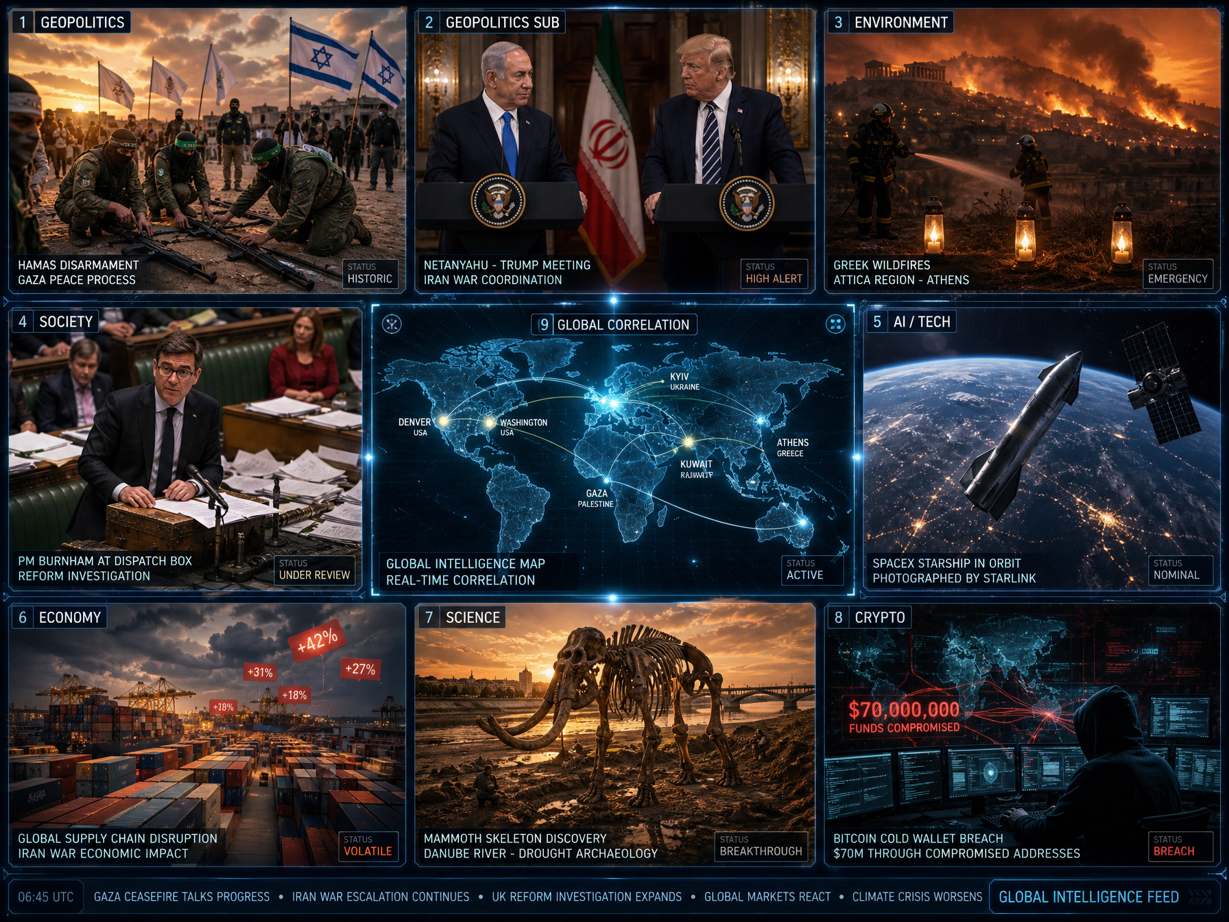 Global news dashboard with geopolitics, environment, tech and economy