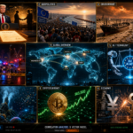 Global news collage covering politics, economy, technology, environment