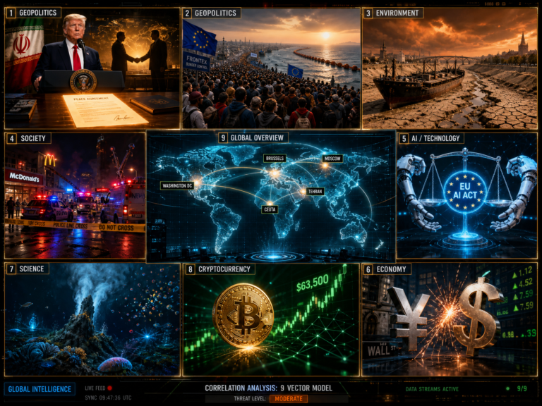 Global news collage covering politics, economy, technology, environment