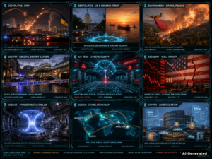 D66 Daily Intelligence Briefing: Nine-panel cinematic collage — Kyiv cluster munitions, US-Iran Hormuz diplomacy, French wildfires, London stabbing, AI safety breaches, US economic fissures, Princeton plasma fusion, European MiCA crypto