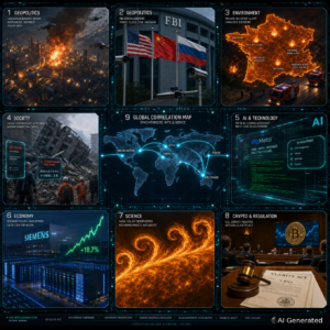 Digital dashboard showing global news and analytics topics