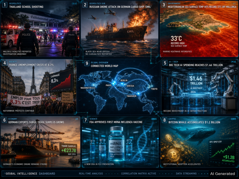 Global news dashboard with geopolitics, economy, tech highlights