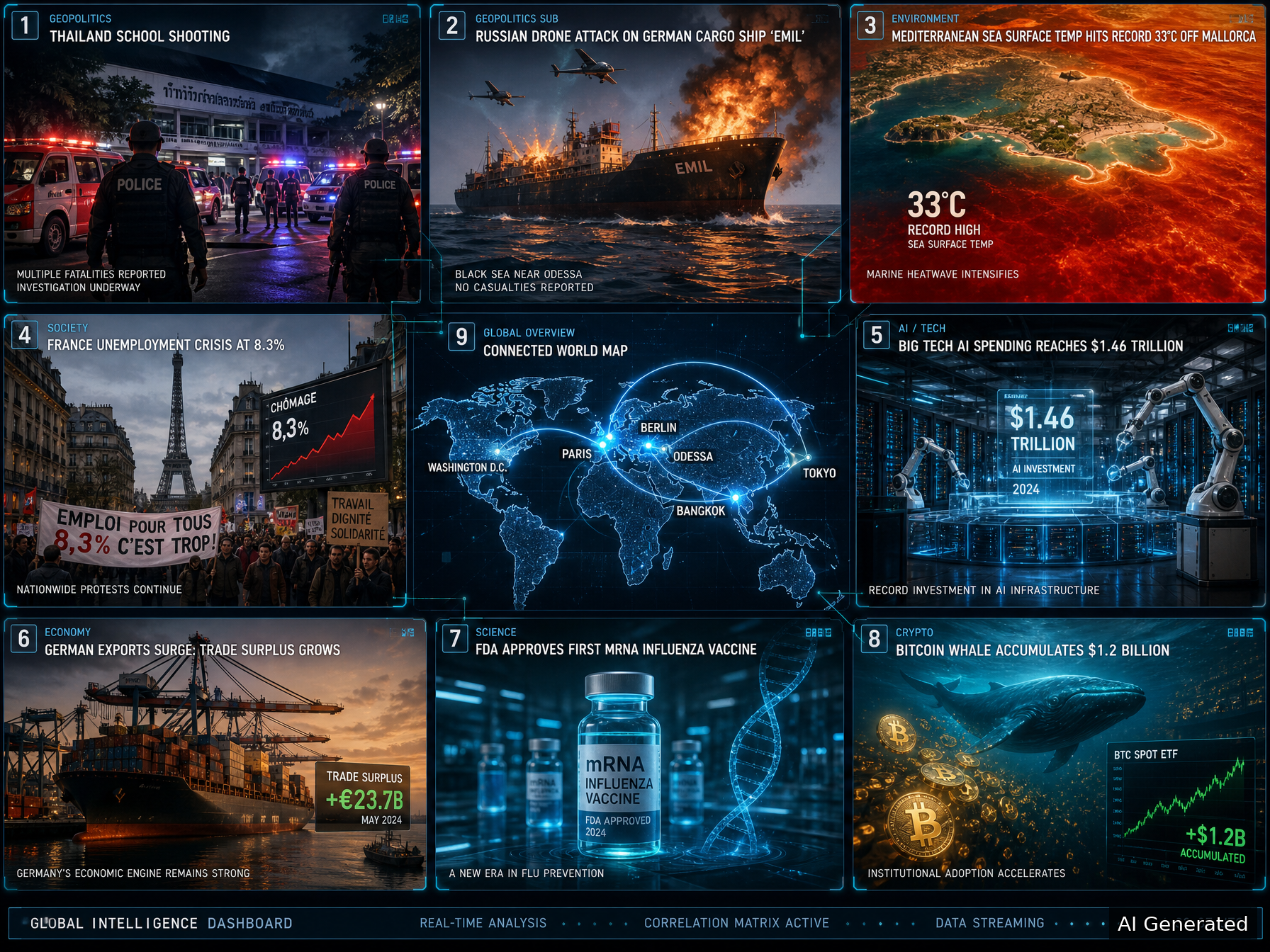 Global news dashboard with geopolitics, economy, tech highlights