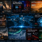 Nine-panel intelligence collage: Zelensky Belgrade visit, US Senate Russia sanctions 86-11, Greece Crete 39°C Red Alert, Belfast race riots, OpenAI Astra cybersecurity, European diesel crisis, Antarctica -119°F, Trump Media CRO crash Bitcoin ETF inflows