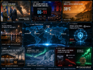 Nine-panel intelligence collage: Zelensky Belgrade visit, US Senate Russia sanctions 86-11, Greece Crete 39°C Red Alert, Belfast race riots, OpenAI Astra cybersecurity, European diesel crisis, Antarctica -119°F, Trump Media CRO crash Bitcoin ETF inflows