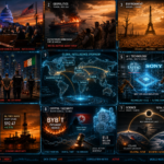 Global news collage covering geopolitics, economy, climate and technology — AI generated