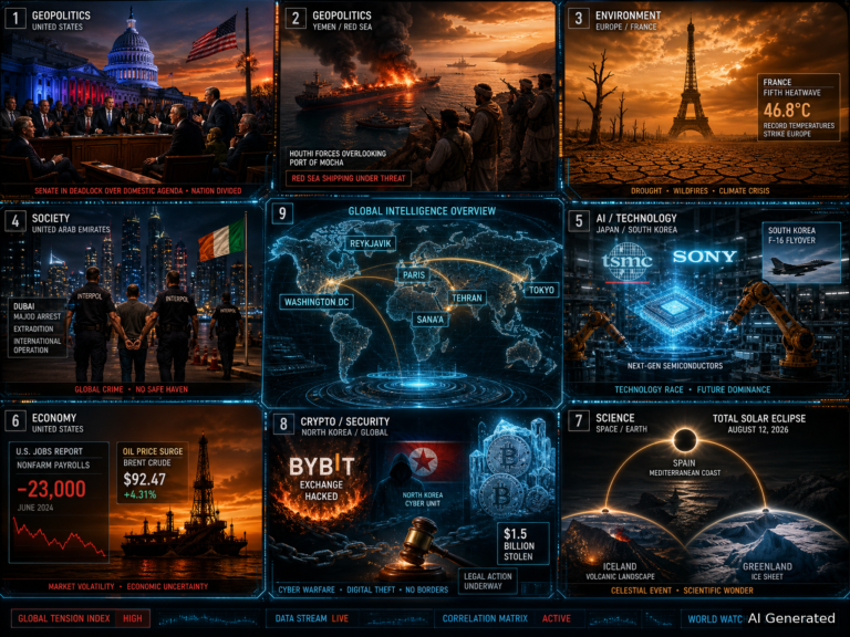 Global news collage covering geopolitics, economy, climate and technology — AI generated