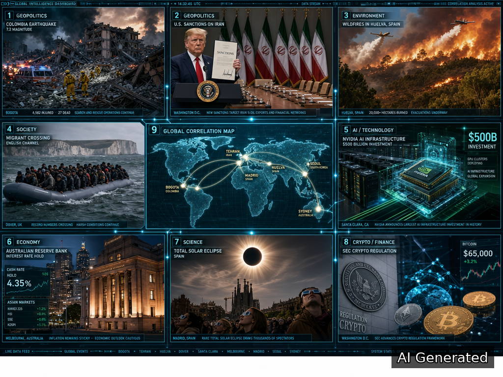 Daily Intelligence Briefing D72 cover: Colombia earthquake, Trump Iran sanctions, Spain wildfire, Nvidia AI infrastructure, Solar eclipse, SEC crypto regulation, holographic world map