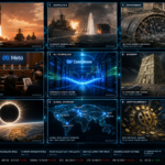 Breaking news dashboard with geopolitics, tech, economy panels.
