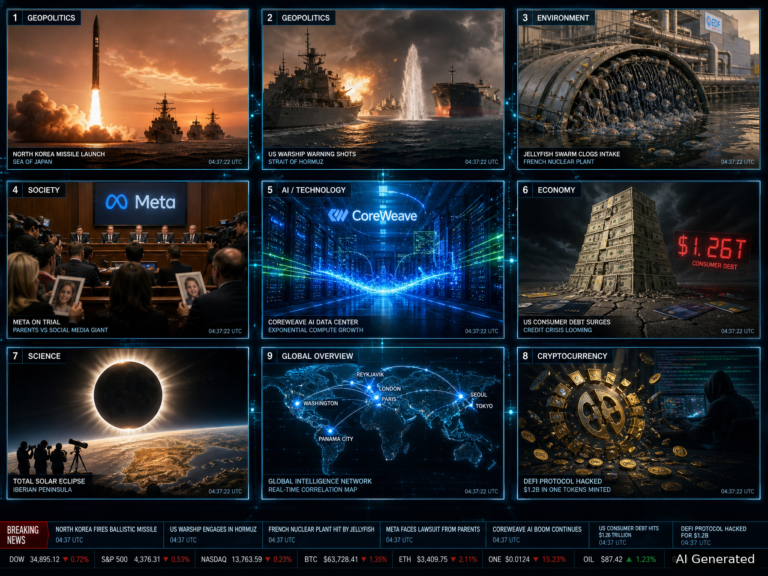 Breaking news dashboard with geopolitics, tech, economy panels.