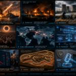 Nine-panel intelligence collage covering Houthi attacks on Saudi assets, Russia striking Izmail port, France nuclear plant crisis, Spain solar eclipse, Meta trillion-dollar penalty, UK GDP slowdown, 236-million-year-old fossil, and SEC crypto regulation proposal.