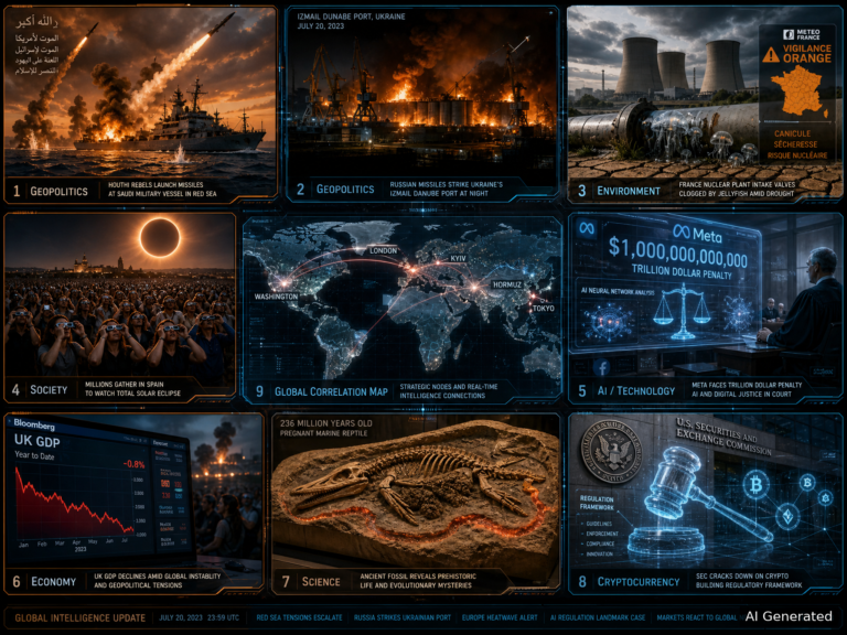 Nine-panel intelligence collage covering Houthi attacks on Saudi assets, Russia striking Izmail port, France nuclear plant crisis, Spain solar eclipse, Meta trillion-dollar penalty, UK GDP slowdown, 236-million-year-old fossil, and SEC crypto regulation proposal.