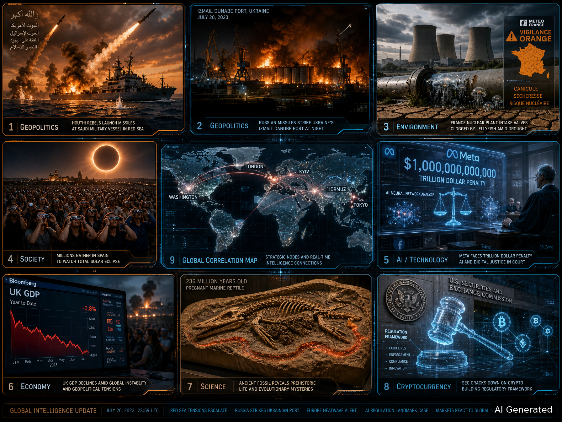 Nine-panel intelligence collage covering Houthi attacks on Saudi assets, Russia striking Izmail port, France nuclear plant crisis, Spain solar eclipse, Meta trillion-dollar penalty, UK GDP slowdown, 236-million-year-old fossil, and SEC crypto regulation proposal.