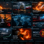 D75 Daily Intelligence Briefing cover image: Nine-panel cinematic collage showing Ukraine drone strikes on Ust-Luga oil terminal, US sanctions on Iran, France Landes wildfire evacuations, Nigel Farage Reform UK victory, Boeing 737 flight system hack, BOJ rate hike, Indian Solar Mission corona findings, MSCI Bitcoin exclusion, and holographic world map with global correlation lines.