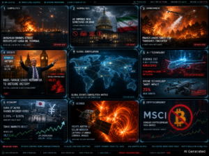 D75 Daily Intelligence Briefing cover image: Nine-panel cinematic collage showing Ukraine drone strikes on Ust-Luga oil terminal, US sanctions on Iran, France Landes wildfire evacuations, Nigel Farage Reform UK victory, Boeing 737 flight system hack, BOJ rate hike, Indian Solar Mission corona findings, MSCI Bitcoin exclusion, and holographic world map with global correlation lines.