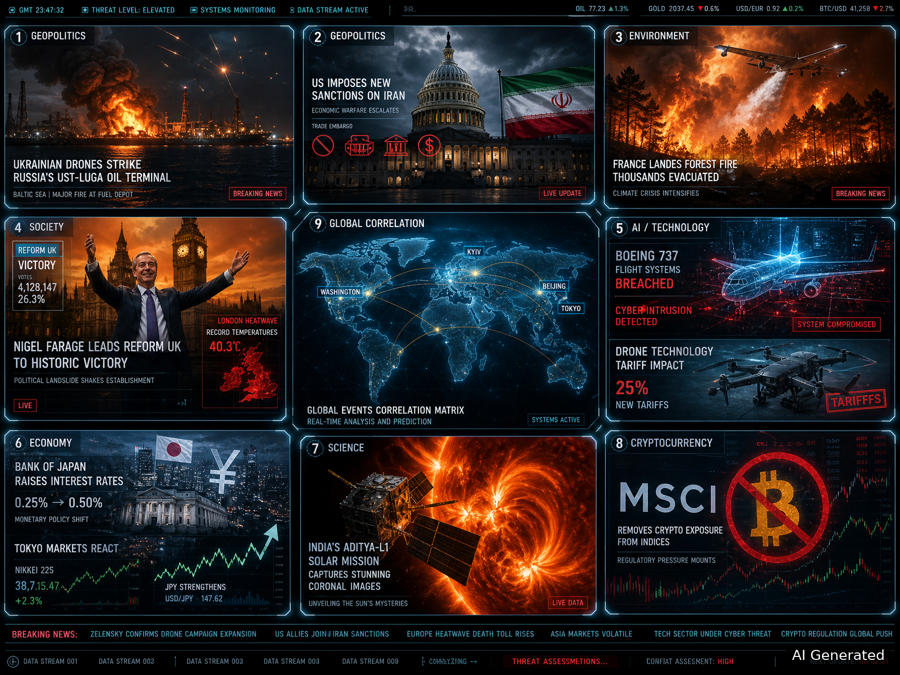 D75 Daily Intelligence Briefing cover image: Nine-panel cinematic collage showing Ukraine drone strikes on Ust-Luga oil terminal, US sanctions on Iran, France Landes wildfire evacuations, Nigel Farage Reform UK victory, Boeing 737 flight system hack, BOJ rate hike, Indian Solar Mission corona findings, MSCI Bitcoin exclusion, and holographic world map with global correlation lines.