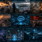 Futuristic news dashboard showing global crises, AI and markets.