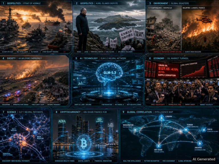 Futuristic news dashboard showing global crises, AI and markets.