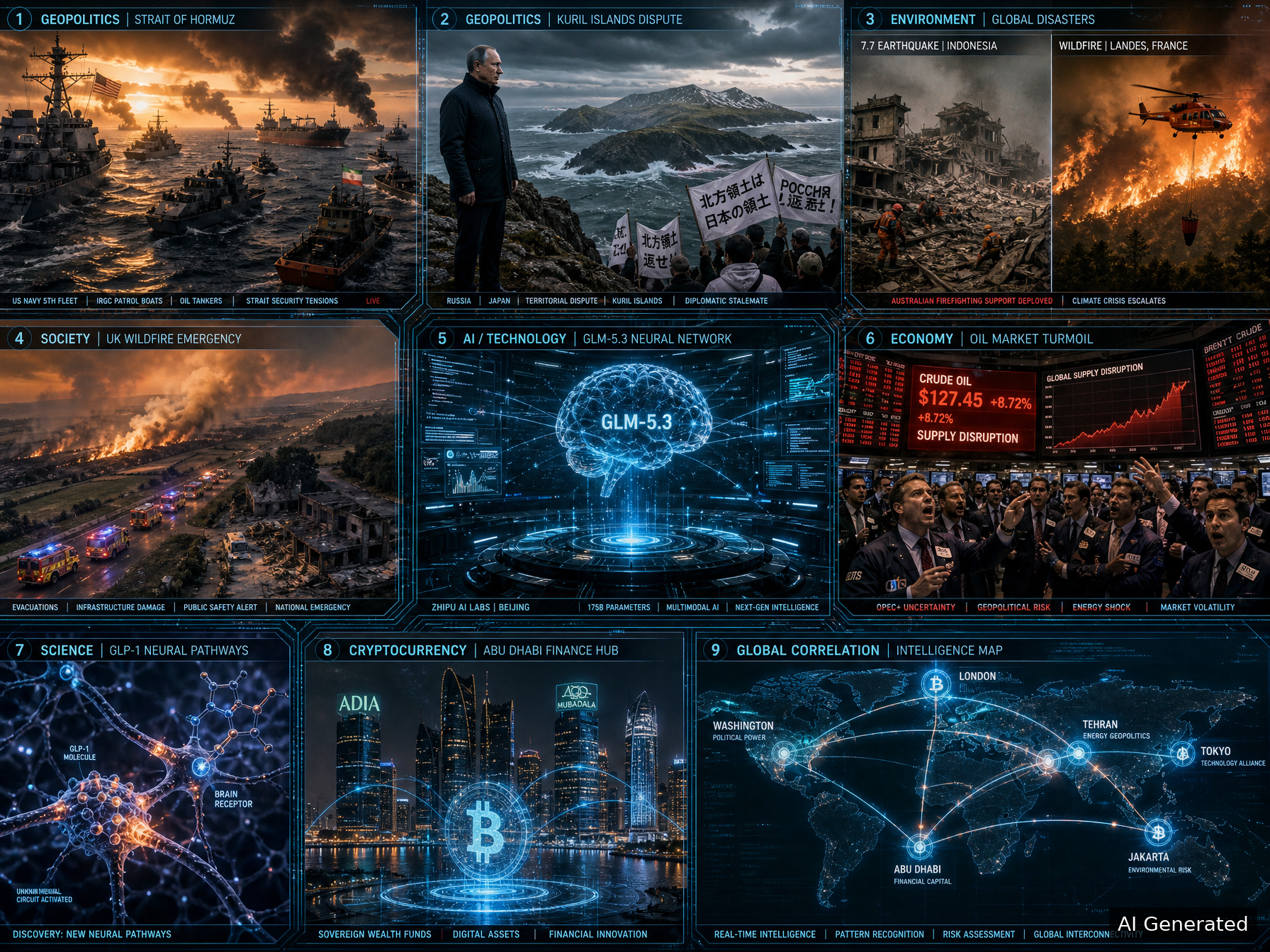 Daily Intelligence Briefing D76 cover image - 9 panel intelligence collage showing geopolitics, environment, AI technology, economy, science, and crypto news from August 15 2026