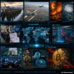 Nine-panel intelligence collage: North Korean troops to Russia, Spanish NATO drone intercept, France wildfires and Hawaii hurricane, UK cost of living crisis, Anthropic AI safety warnings, US Fed rate expectations, Dodo brain CT reconstruction, Bitcoin 49% decline, holographic world map