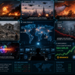 Nine-panel intelligence collage: Israeli airstrikes Lebanon, Ukrainian drones Moscow, France wildfires, Indonesia earthquake, glueball particle physics, Japanese yen decline, Bitcoin surge to $64K, global news command center