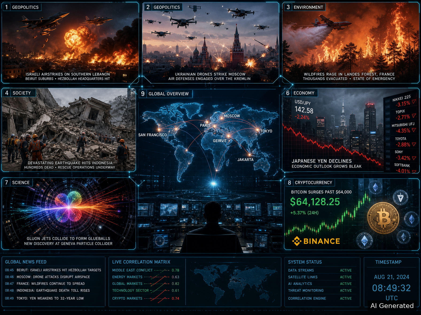 Nine-panel intelligence collage: Israeli airstrikes Lebanon, Ukrainian drones Moscow, France wildfires, Indonesia earthquake, glueball particle physics, Japanese yen decline, Bitcoin surge to $64K, global news command center