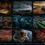 Nine-panel intelligence collage: US nuclear weapons against Iran, Black Sea confrontation, European drought crisis, Venezuela earthquake, Nvidia $105B data center, oil prices surge past $91, Sophie Adenot spacewalk, XRP below $1, global correlation map