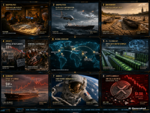 Nine-panel intelligence collage: US nuclear weapons against Iran, Black Sea confrontation, European drought crisis, Venezuela earthquake, Nvidia $105B data center, oil prices surge past $91, Sophie Adenot spacewalk, XRP below $1, global correlation map