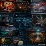 Nine-panel intelligence collage: Trump Economic D-Day vs Iran, Kyiv under missile fire, Europe energy crisis, North Korea nuclear threat, quantum gravity sensing technology, German producer prices surge, Bitcoin $70,000 at White House Crypto Summit, holographic world map with global correlation lines