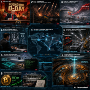 Nine-panel intelligence collage: Trump Economic D-Day vs Iran, Kyiv under missile fire, Europe energy crisis, North Korea nuclear threat, quantum gravity sensing technology, German producer prices surge, Bitcoin $70,000 at White House Crypto Summit, holographic world map with global correlation lines