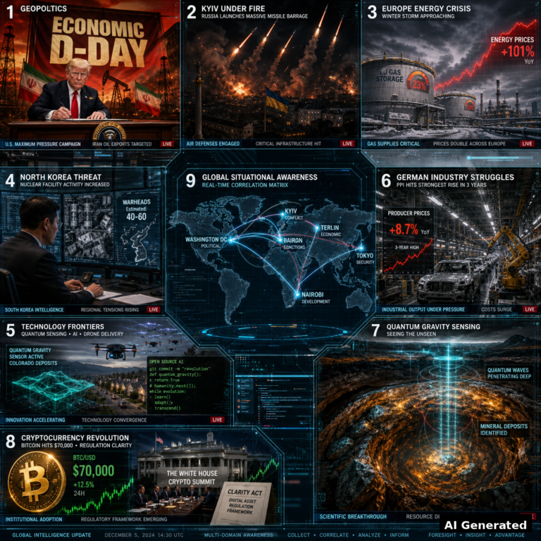Nine-panel intelligence collage: Trump Economic D-Day vs Iran, Kyiv under missile fire, Europe energy crisis, North Korea nuclear threat, quantum gravity sensing technology, German producer prices surge, Bitcoin $70,000 at White House Crypto Summit, holographic world map with global correlation lines