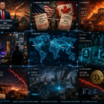 Daily Intelligence Briefing D84 cover - 9-panel collage featuring Iran-US Hormuz escalation, US-Canada trade war, Greece heatwave, London crime investigation, Nvidia AI chips, Tokyo earthquake, Bitcoin crash, and holographic world map