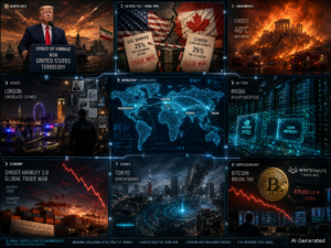 Daily Intelligence Briefing D84 cover - 9-panel collage featuring Iran-US Hormuz escalation, US-Canada trade war, Greece heatwave, London crime investigation, Nvidia AI chips, Tokyo earthquake, Bitcoin crash, and holographic world map
