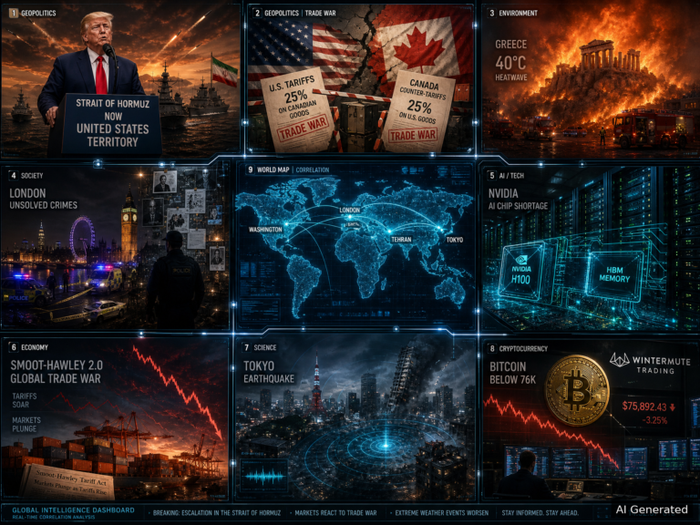 Daily Intelligence Briefing D84 cover - 9-panel collage featuring Iran-US Hormuz escalation, US-Canada trade war, Greece heatwave, London crime investigation, Nvidia AI chips, Tokyo earthquake, Bitcoin crash, and holographic world map