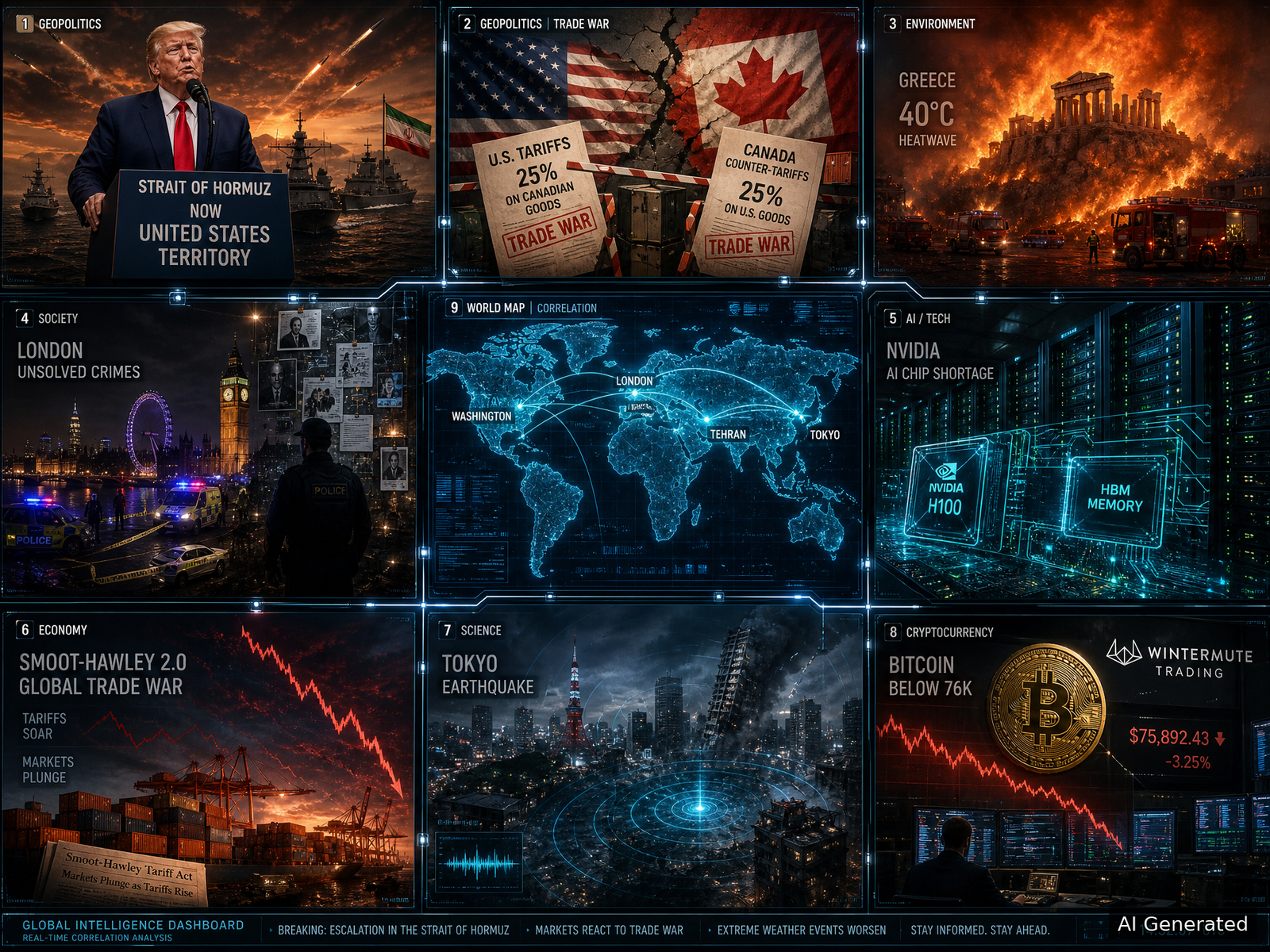 Daily Intelligence Briefing D84 cover - 9-panel collage featuring Iran-US Hormuz escalation, US-Canada trade war, Greece heatwave, London crime investigation, Nvidia AI chips, Tokyo earthquake, Bitcoin crash, and holographic world map