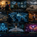 Nine-panel intelligence collage: Trump Venezuela oil deal, Ukraine drone strikes, Nepal-Tibet flood, Turkey Greece OSINT leak, Kalshi sports betting ruling, Fed rate hike signal, solid-state battery breakthrough, Ripple quantum-proofing, and holographic world map