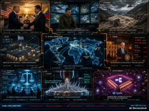 Nine-panel intelligence collage: Trump Venezuela oil deal, Ukraine drone strikes, Nepal-Tibet flood, Turkey Greece OSINT leak, Kalshi sports betting ruling, Fed rate hike signal, solid-state battery breakthrough, Ripple quantum-proofing, and holographic world map