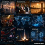 Nine-panel intelligence collage: U.S. naval strike on Iranian rocket launchers on Larak Island in the Strait of Hormuz; Turkey, Saudi Arabia and Pakistan defense ministers at the Mecca Pact Istanbul summit; scorching European heatwave with Berlin at 50C; Notting Hill Carnival in London with police presence; Meta AI data centre robots; U.S. national debt at 124 percent of GDP on Wall Street screens; NASA Nancy Grace Roman Space Telescope launching on SpaceX Falcon Heavy; European Central Bank digital euro and blockchain in Frankfurt; center holographic world map connecting Washington, New York, Berlin, Frankfurt, Tehran, Istanbul and Hong Kong.