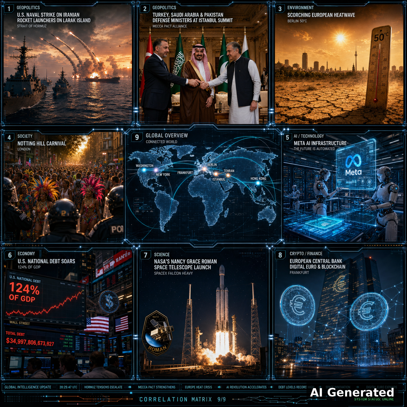 Nine-panel intelligence collage: U.S. naval strike on Iranian rocket launchers on Larak Island in the Strait of Hormuz; Turkey, Saudi Arabia and Pakistan defense ministers at the Mecca Pact Istanbul summit; scorching European heatwave with Berlin at 50C; Notting Hill Carnival in London with police presence; Meta AI data centre robots; U.S. national debt at 124 percent of GDP on Wall Street screens; NASA Nancy Grace Roman Space Telescope launching on SpaceX Falcon Heavy; European Central Bank digital euro and blockchain in Frankfurt; center holographic world map connecting Washington, New York, Berlin, Frankfurt, Tehran, Istanbul and Hong Kong.