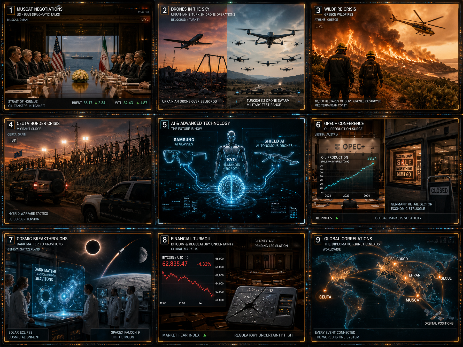 Daily Intelligence Briefing D64 - Nine-panel cinematic collage showing US-Iran talks, Ukraine drone war, Greece wildfires, Ceuta crisis, AI futures, oil markets, dark matter, Bitcoin, and global correlations