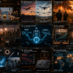 Nine-panel cinematic intelligence collage for the D64 Daily Intelligence Briefing. Panel 1: US-Iran diplomatic talks in Muscat with Strait of Hormuz visible. Panel 2: Ukrainian drone over Belgorod playground, Turkish K2 drone swarm deployment. Panel 3: Greek wildfire consuming 10,000 hectares of olive groves, Mediterranean coast. Panel 4: Ceuta border crisis with migrants and EU patrol vehicles. Panel 5: Samsung AI glasses, BYD humanoid robot, Shield AI autonomous drones. Panel 6: OPEC+ oil production charts rising, German retail closures. Panel 7: Dark matter graviton visualization, solar eclipse, SpaceX Falcon 9 lunar trajectory. Panel 8: Bitcoin below 63,000, Coldcard hardware wallet vulnerability. Panel 9: Holographic world map with correlation lines connecting Muscat, Tehran, Belgorod, Ceuta, Athens, Seoul.